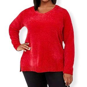 Karen Scott Haute Red Chenille V-Neck Plus Size 2X Long Sleeve Women's Sweaters